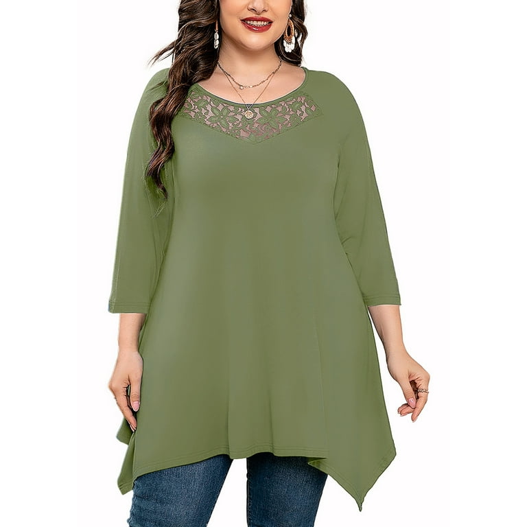 SHOWMALL Plus Size Maternity Clothes 3/4 Sleeve Army Green 1X Swing Tunic  Top Lace Clothing Crewneck Blouse Loose T Shirt for Leggings 