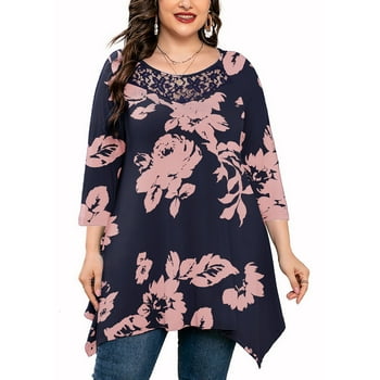 SHOWMALL Plus Size Maternity Top for Women 3/4 Sleeve Blouse Swing Shadow Rose 2X Clothing Lace Crewneck Loose Fitting Clothes