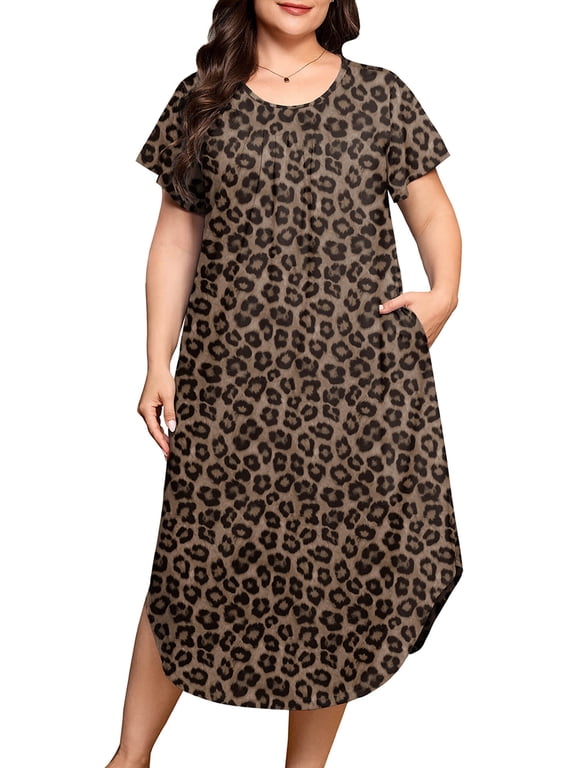 Plus Size Nightgowns for Women Short Sleeve Dresses with Pockets Soft Sleepwear House Dress Brown Black Leopard 3X
