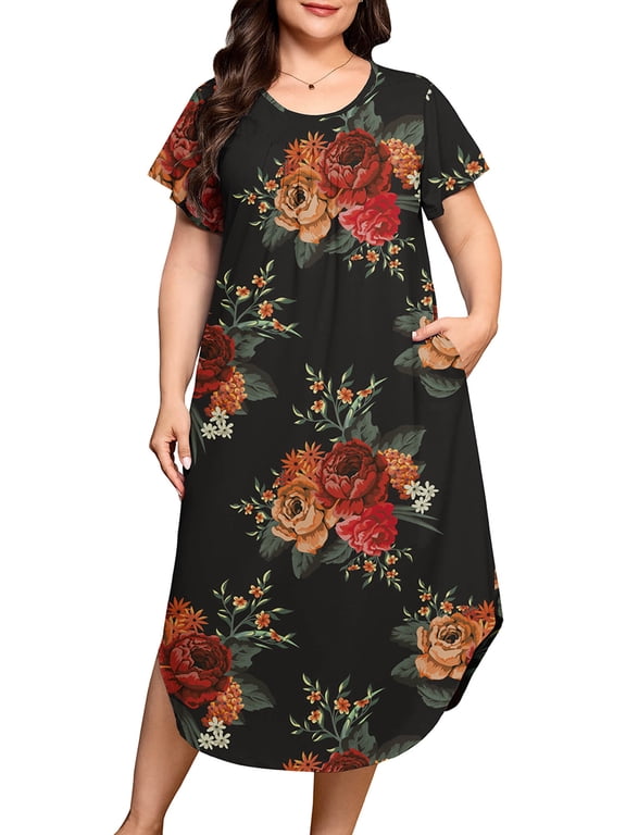 Plus Size Nightgowns for Women Short Sleeve Dresses with Pockets Soft Sleepwear House Dress Red Classic Floral 3X