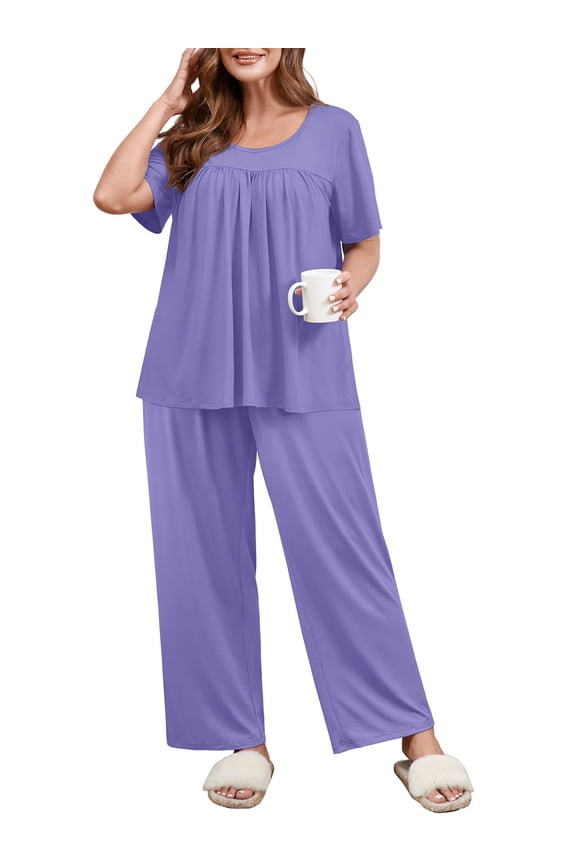 Plus Size Outfit Set for Women, Purple Gray 1X Short Sleeve Pleated Top & Pocket Pants, Soft Double-Brushed Matching Lounge Pajama Set