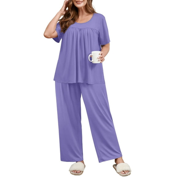 SHOWMALL Plus Size Outfit Set for Women, Purple Gray 3X Short Sleeve Pleated Top & Pocket Pants, Soft Double-Brushed Matching Lounge Pajama Set