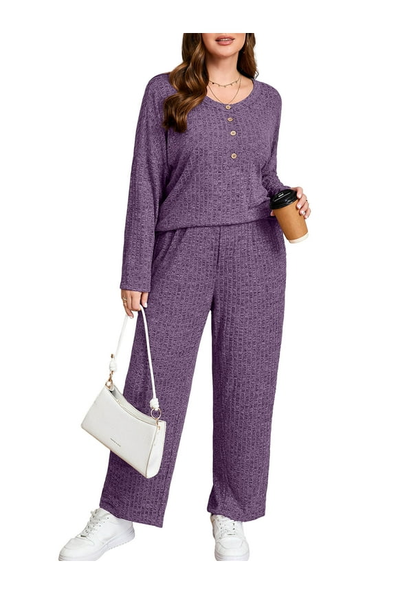 Plus Size Outfit Sets for Women – 2 Piece Lounge Set, Purple 1X Long Sleeve Ribbed Top and Pants with Pockets, Ideal Gift for Home or Travel