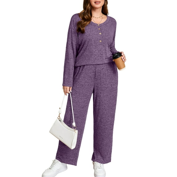 SHOWMALL Plus Size Outfit Sets for Women – 2 Piece Lounge Set, Purple 3X Long Sleeve Ribbed Top and Pants with Pockets, Ideal Gift for Home or Travel