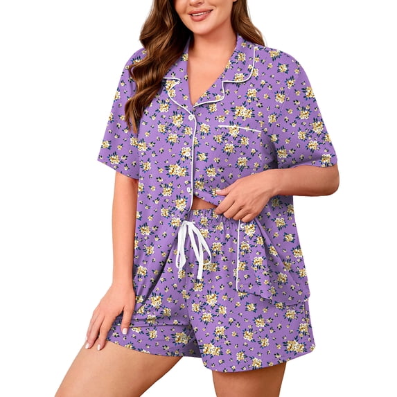 SHOWMALL Plus Size Pajama Set for Women, 2 Piece Short Sleeve Sleepwear with Pockets, Purple Chrysanthemum 5X Casual Loungewear for Home Vacation Spa, Perfect Birthday Gift