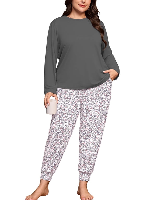 Plus Size Pajamas for Women Long Sleeve Sleepwear Soft Loungewear 2 Piece Pjs Set with Pockets Ditsy Floral 3X