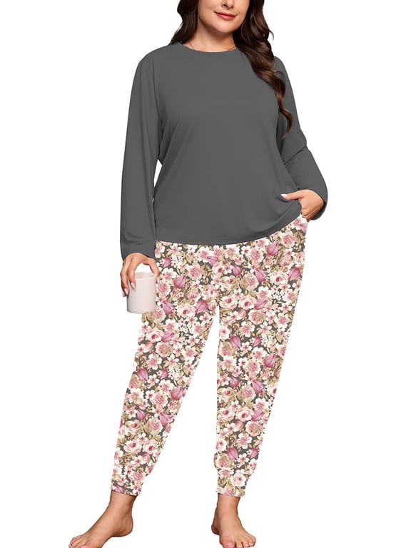 Plus Size Pajamas for Women Long Sleeve Sleepwear Soft Loungewear 2 Piece Pjs Set with Pockets Romantic Rose Floral Pink 3X