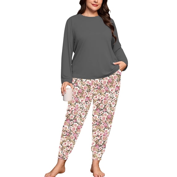 SHOWMALL Plus Size Pajamas for Women Long Sleeve Sleepwear Soft Loungewear 2 Piece Pjs Set with Pockets Romantic Rose Floral Pink 4X