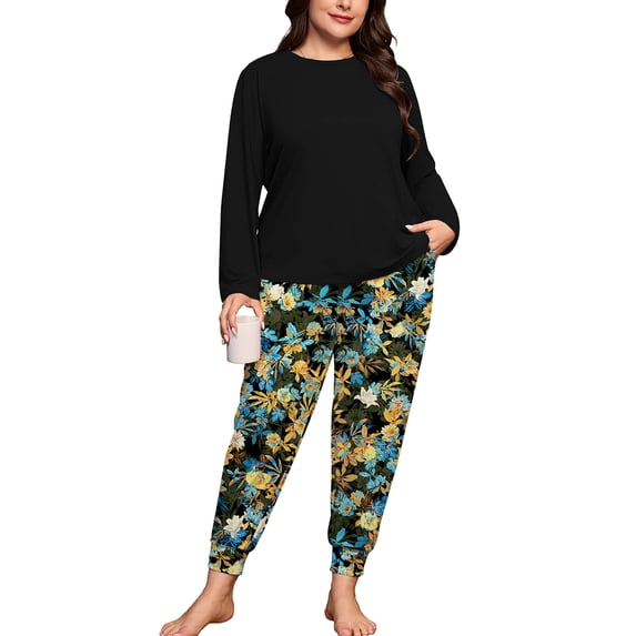 SHOWMALL Plus Size Pajamas for Women Long Sleeve Sleepwear Soft Loungewear 2 Piece Pjs Set with Pockets Yellow Blue Floral 3X