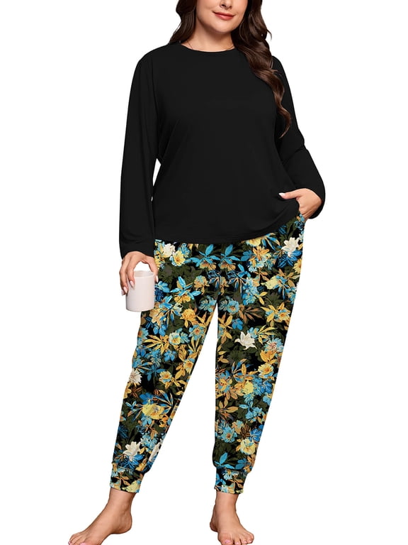 Plus Size Pajamas for Women Long Sleeve Sleepwear Soft Loungewear 2 Piece Pjs Set with Pockets Yellow Blue Floral 3X
