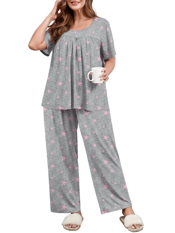 Plus Size Printed Loungewear Pajama Set for Women, Pink Stars 1X Short Sleeve Pleated Top & Long Pants with Pockets, Soft Double-Brushed 2 Piece Sleepwear