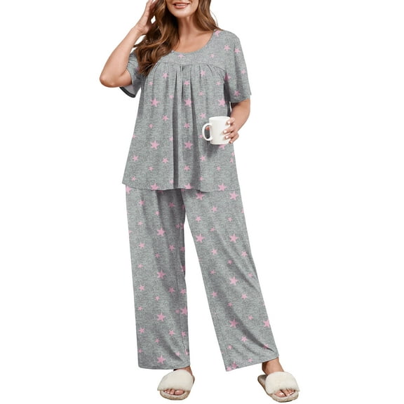 SHOWMALL Plus Size Printed Loungewear Pajama Set for Women, Pink Stars 3X Short Sleeve Pleated Top & Long Pants with Pockets, Soft Double-Brushed 2 Piece Sleepwear