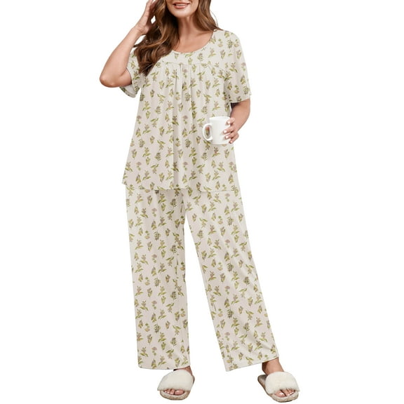 SHOWMALL Plus Size Printed Pajama/Loungewear Set, Cozy Bloom Beige 3X Comfy Short Sleeve Pleated Top with Relaxed Pocket Pants, Matching Homewear for All Seasons
