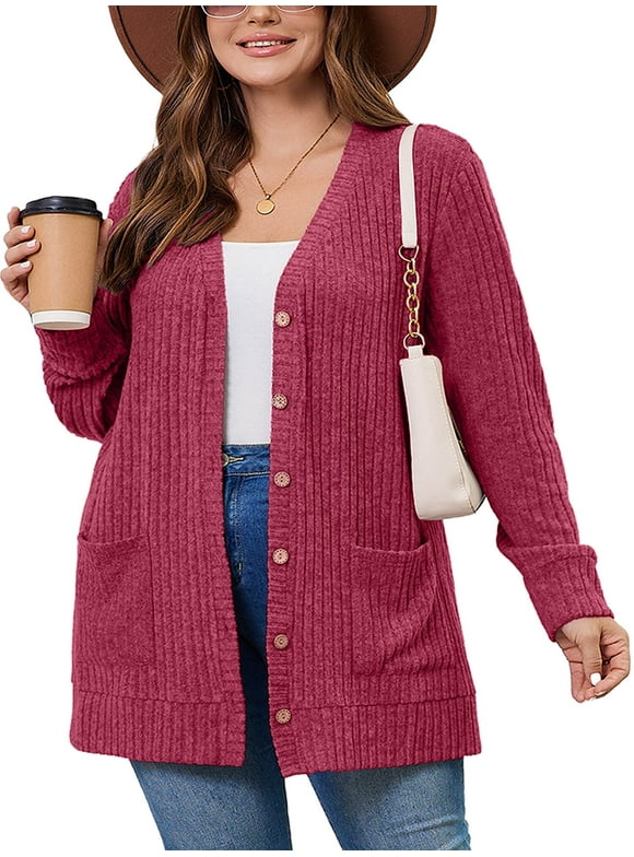 Plus Size Ribbed Knit Cardigan for Women, Long Sleeve Button Down Jujube Red 3X Fuzzy Sweater Open Front with Pockets for Fall Winter Layering