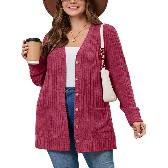 SHOWMALL Plus Size Ribbed Knit Cardigan for Women, Long Sleeve Button Down Jujube Red 3X Fuzzy Sweater Open Front with Pockets for Fall Winter Layering