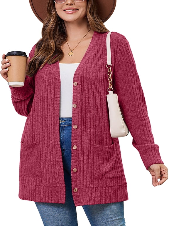 Plus Size Ribbed Knit Cardigan for Women, Long Sleeve Button Down Jujube Red 4X Fuzzy Sweater Open Front with Pockets for Fall Winter Layering