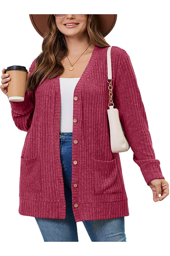 Plus Size Ribbed Knit Cardigan for Women, Long Sleeve Button Down Jujube Red 4X Fuzzy Sweater Open Front with Pockets for Fall Winter Layering