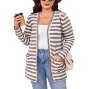 SHOWMALL Plus Size Ribbed Knit Cardigan for Women, Long Sleeve Button Down Light Taupe Stripe 2X Fuzzy Sweater Open Front with Pockets for Fall Winter Layering