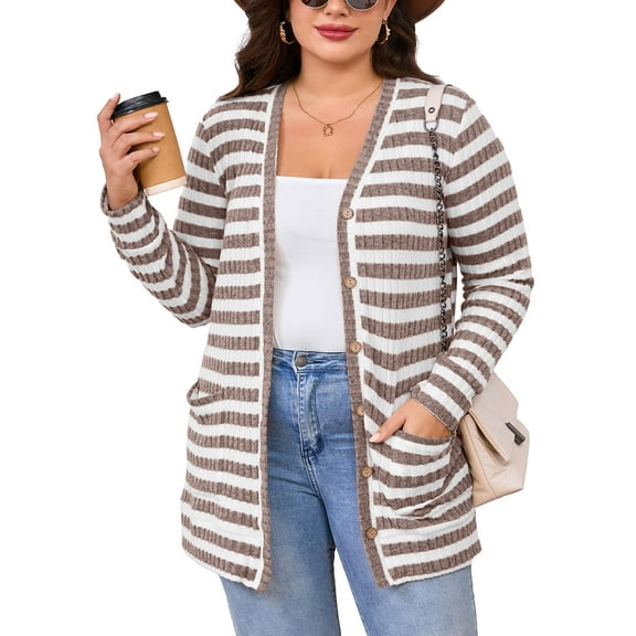 SHOWMALL Plus Size Ribbed Knit Cardigan for Women, Long Sleeve Button Down Light Taupe Stripe 3X Fuzzy Sweater Open Front with Pockets for Fall Winter Layering