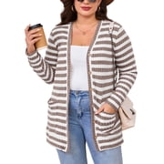 SHOWMALL Plus Size Ribbed Knit Cardigan for Women, Long Sleeve Button Down Light Taupe Stripe 4X Fuzzy Sweater Open Front with Pockets for Fall Winter Layering