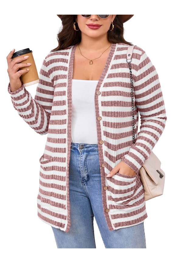 Plus Size Ribbed Knit Cardigan for Women, Long Sleeve Button Down Pink Stripe 1X Fuzzy Sweater Open Front with Pockets for Fall Winter Layering