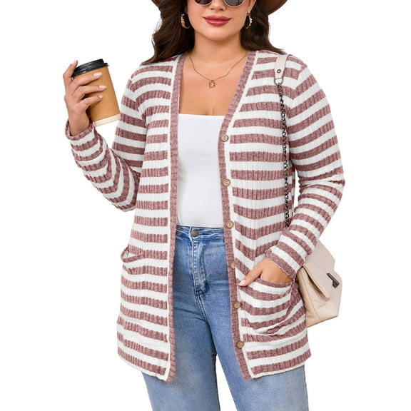 SHOWMALL Plus Size Ribbed Knit Cardigan for Women, Long Sleeve Button Down Pink Stripe 3X Fuzzy Sweater Open Front with Pockets for Fall Winter Layering
