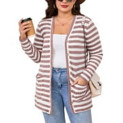 SHOWMALL Plus Size Ribbed Knit Cardigan for Women, Long Sleeve Button Down Pink Stripe 4X Fuzzy Sweater Open Front with Pockets for Fall Winter Layering