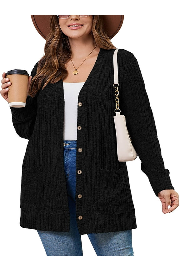 Plus Size Ribbed Knit Cardigan for Women, Long Sleeve Button Down Black 1X Fuzzy Sweater Open Front with Pockets for Fall Winter Layering