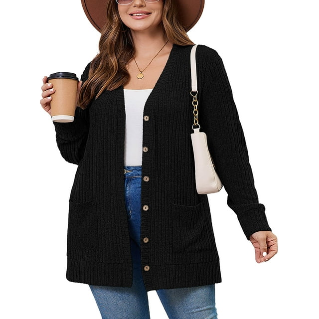 SHOWMALL Plus Size Ribbed Knit Cardigan for Women, Long Sleeve Button Down Black 4X Fuzzy Sweater Open Front with Pockets for Fall Winter Layering
