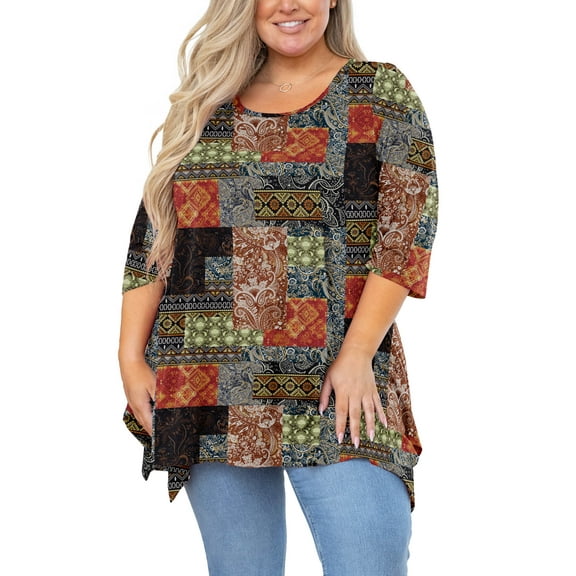 SHOWMALL Plus Size Shirt for Women 3/4 Sleeve Clothes Boho Patchchic Brown 3X Blouse Swing Top Crewneck Maternity Loose Clothing for Leggings