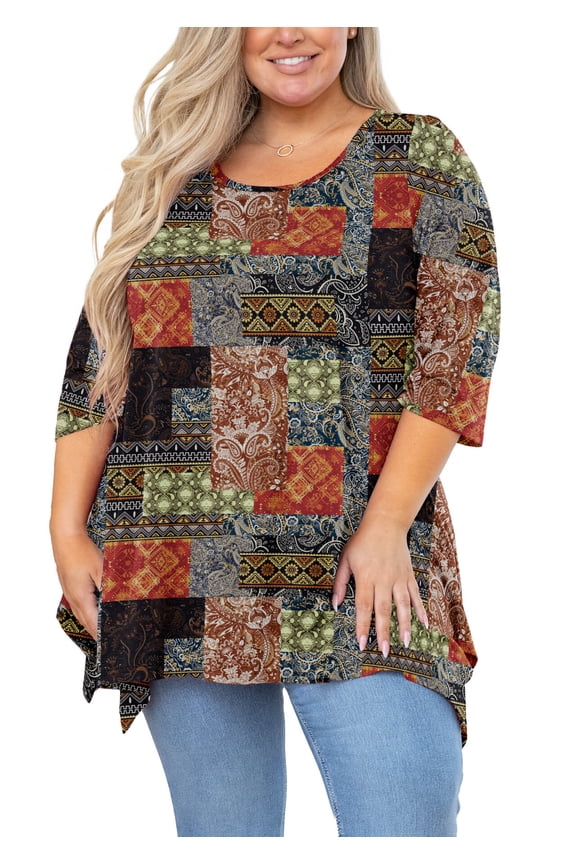 Plus Size Shirt for Women 3/4 Sleeve Clothes Boho Patchchic Brown 3X Blouse Swing Top Crewneck Maternity Loose Clothing for Leggings