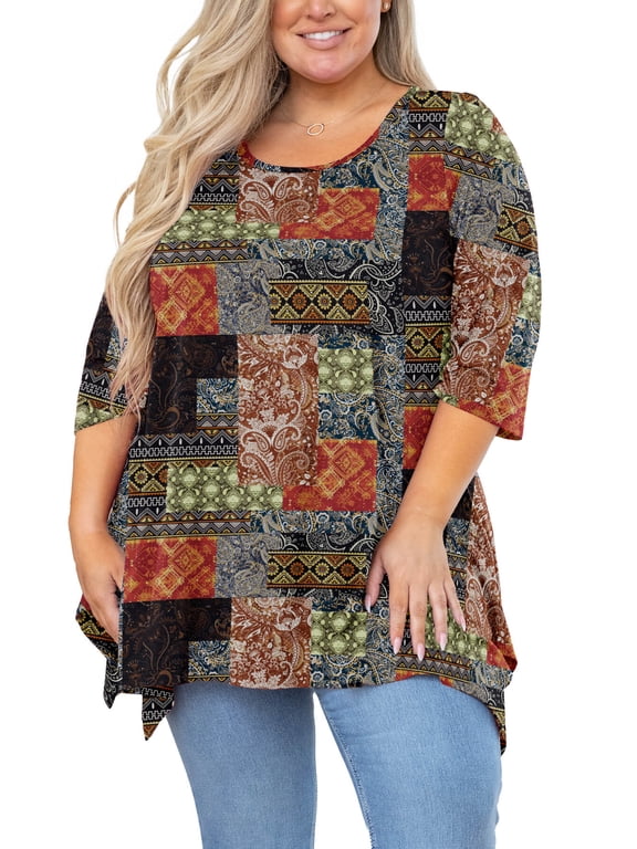 Plus Size Shirt for Women 3/4 Sleeve Clothes Boho Patchchic Brown 3X Blouse Swing Top Crewneck Maternity Loose Clothing for Leggings