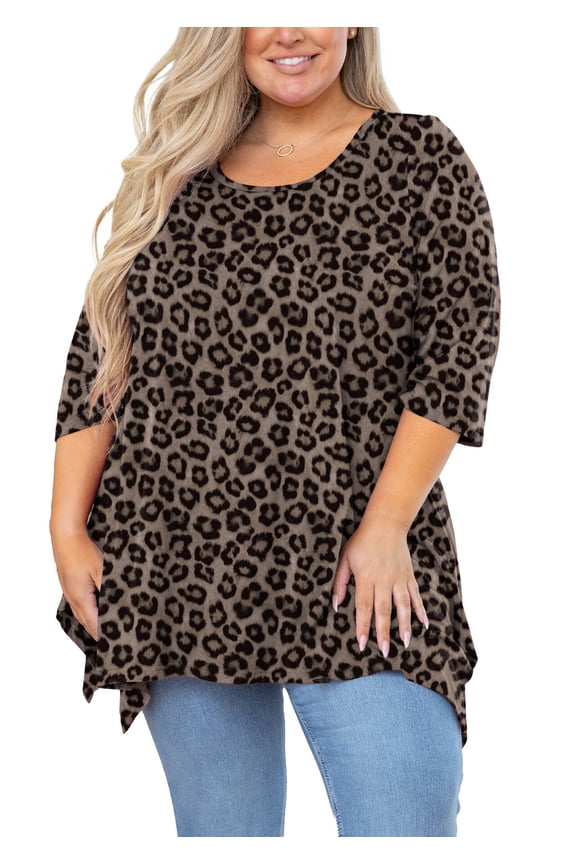 Plus Size Shirt for Women 3/4 Sleeve Clothes Classic Leopard Brown 3X Blouse Swing Top Crewneck Maternity Loose Clothing for Leggings