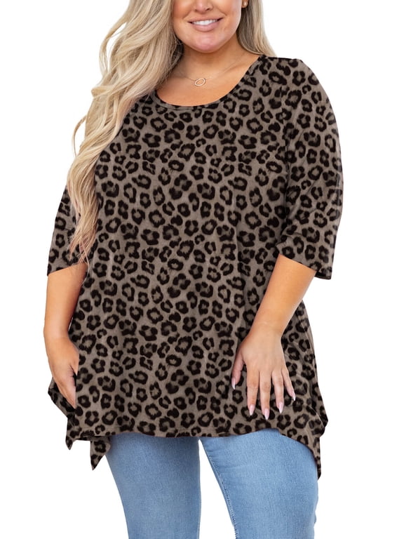 Plus Size Shirt for Women 3/4 Sleeve Clothes Classic Leopard Brown 5X Blouse Swing Top Crewneck Maternity Loose Clothing for Leggings