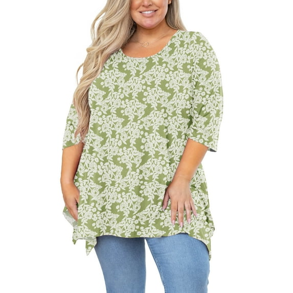 SHOWMALL Plus Size Shirt for Women 3/4 Sleeve Clothes Green Roses 3X Blouse Swing Top Crewneck Maternity Loose Clothing for Leggings
