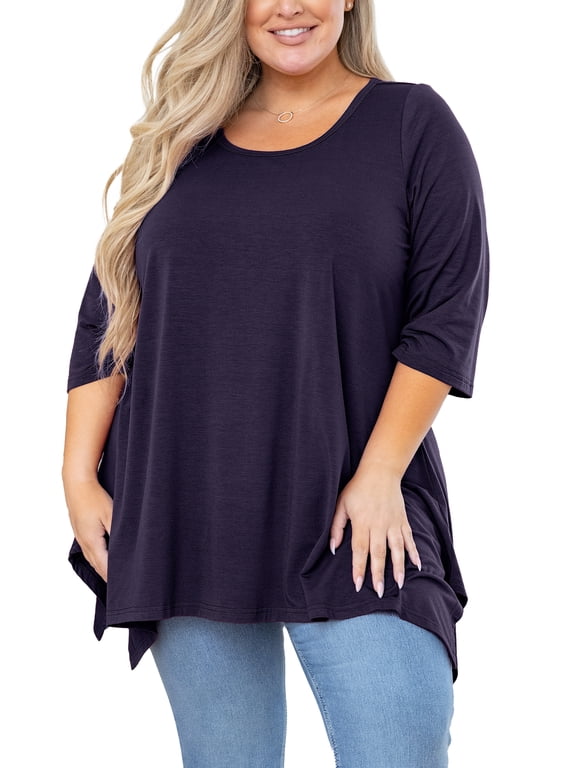 Plus Size Shirt for Women 3/4 Sleeve Clothes Navy Blue 3X Blouse Swing Top Crewneck Maternity Loose Clothing for Leggings