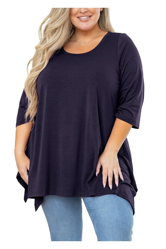 Plus Size Shirt for Women 3/4 Sleeve Clothes Navy Blue 3X Blouse Swing Top Crewneck Maternity Loose Clothing for Leggings