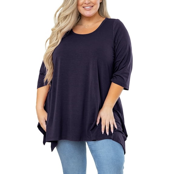 SHOWMALL Plus Size Shirt for Women 3/4 Sleeve Clothes Navy Blue 4X Blouse Swing Top Crewneck Maternity Loose Clothing for Leggings