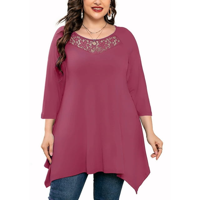 SHOWMALL Plus Size Shirt for Women 3/4 Sleeve Purple Red 5X Swing Top Lace Crewneck Blouse Maternity Loose Clothes for Leggings