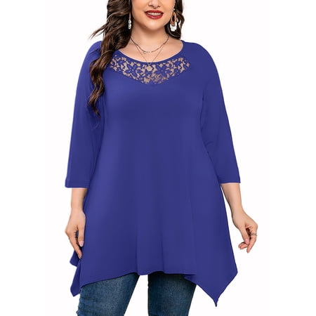 SHOWMALL Plus Size Shirt for Women 3/4 Sleeve Royal Blue 2X Blouse Swing Tunic Top Lace Crewneck Maternity Loose Fitting Clothes