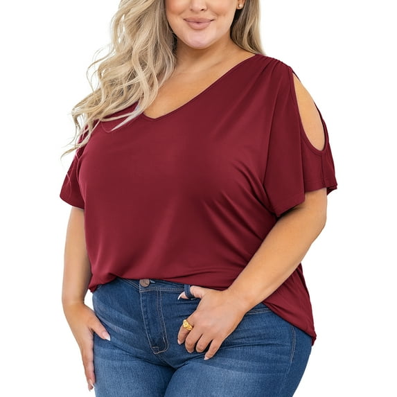 SHOWMALL Plus Size Shirt for Women Cold Shoulder Top Burgundy 3X Blouse Short Sleeve Clothing V Neck Tunic Summer Clothes