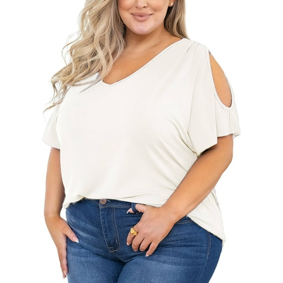 SHOWMALL Plus Size Shirt for Women Cold Shoulder Top White 1X Blouse Short Sleeve Clothing V Neck Tunic Summer Clothes