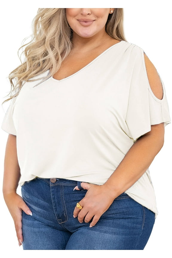 Plus Size Shirt for Women Cold Shoulder Top White 3X Blouse Short Sleeve Clothing V Neck Tunic Summer Clothes