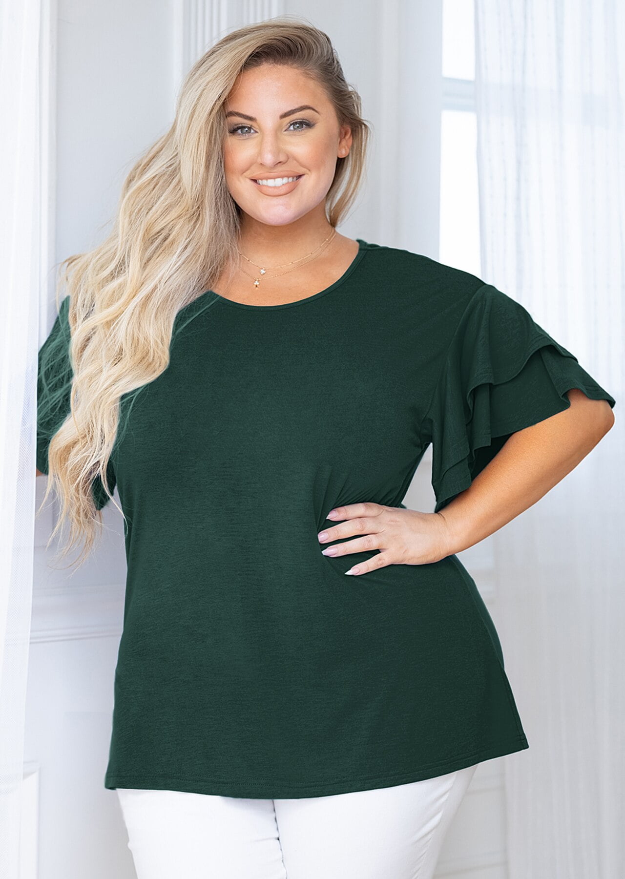 SHOWMALL Plus Size Shirt for Women Dark Green 2X Crewneck Double Ruffle Short Sleeve Tunic Top Flowy Summer Loose Fitting Clothing