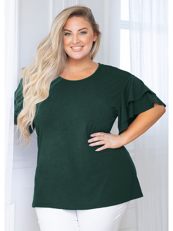 Plus Size Shirt for Women Dark Green 3X Crewneck Double Ruffle Short Sleeve Tunic Top Flowy Summer Loose Fitting Clothing