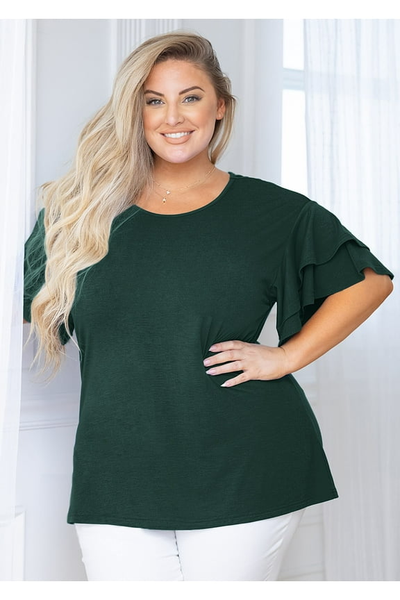 Plus Size Shirt for Women Dark Green 3X Crewneck Double Ruffle Short Sleeve Tunic Top Flowy Summer Loose Fitting Clothing