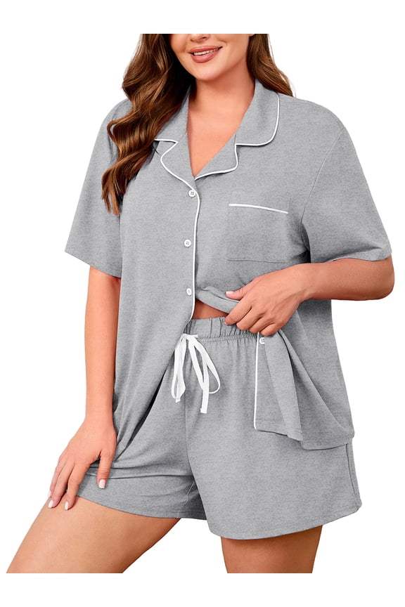 Plus Size Short Sleeve Pajamas for Women, 2 Piece Soft Sleepwear Set Gray 3X with Drawstring Shorts and Pockets