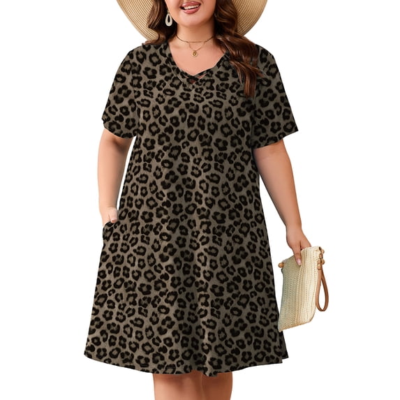 SHOWMALL Plus Size Short Sleeve Summer Dress for Women, Mother's Day Self-Care Gift, Classic Leopard Brown 1X Trendy Strappy Neckline Dress with Pockets for Party