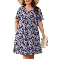 thumbnail image 1 of SHOWMALL Plus Size Short Sleeve Summer Dress for Women, Mother's Day Self-Care Gift, Tricolor Blossoms 5X Trendy Strappy Neckline Dress with Pockets for Party, 1 of 7