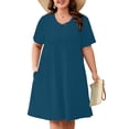 thumbnail image 1 of SHOWMALL Plus Size Short Sleeve Summer Dress for Women, Trendy Cross Strappy Neckline Dress with Pockets, Indigo Blue 3X Lightweight Vacation Beach Dress, 1 of 8